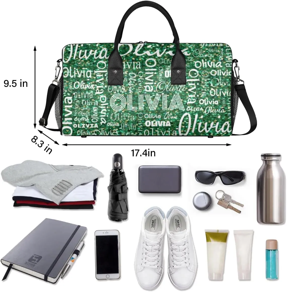 Personalized Travel Duffel Bag for Women Men, Custom Gym Duffel Bags with Name Cheer Sports Overnight Weekender Bags, Grass Green Glitter Birthday Gift (No Glitter)