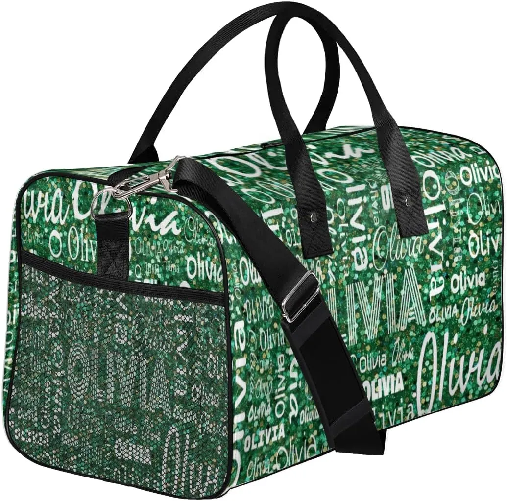 Personalized Travel Duffel Bag for Women Men, Custom Gym Duffel Bags with Name Cheer Sports Overnight Weekender Bags, Grass Green Glitter Birthday Gift (No Glitter)