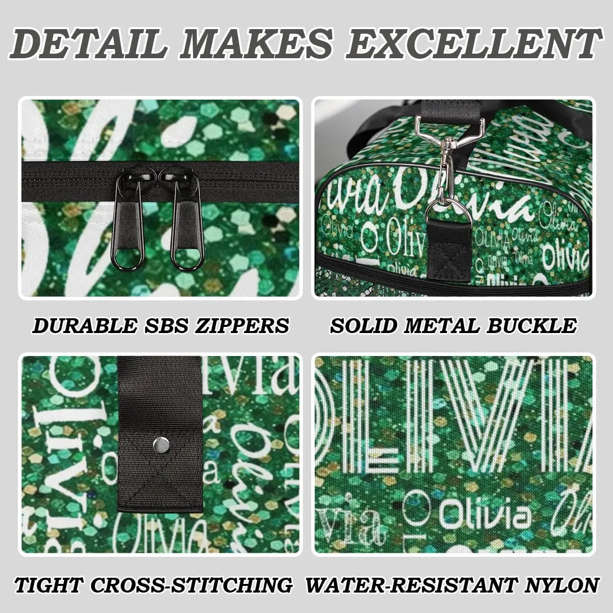 Personalized Travel Duffel Bag for Women Men, Custom Gym Duffel Bags with Name Cheer Sports Overnight Weekender Bags, Grass Green Glitter Birthday Gift (No Glitter)