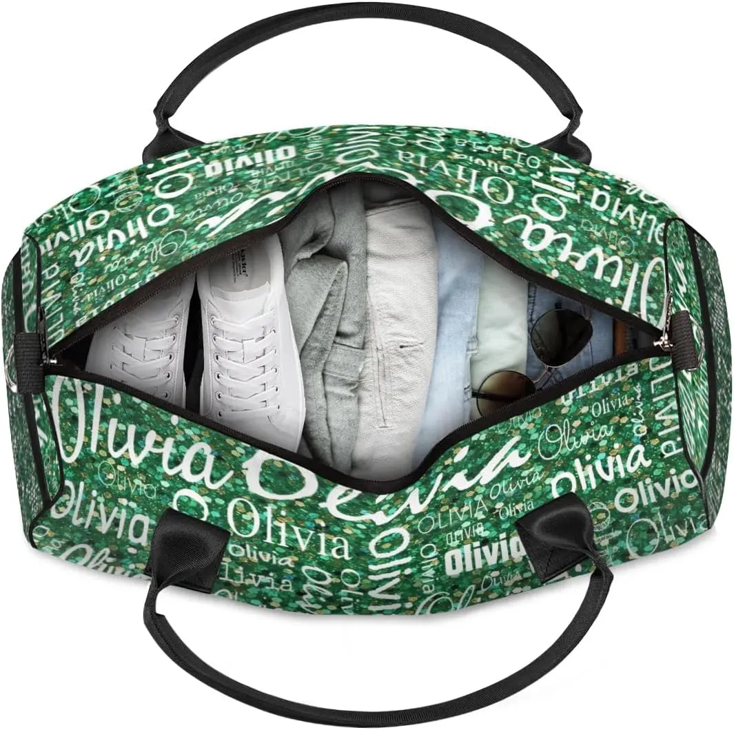 Personalized Travel Duffel Bag for Women Men, Custom Gym Duffel Bags with Name Cheer Sports Overnight Weekender Bags, Grass Green Glitter Birthday Gift (No Glitter)