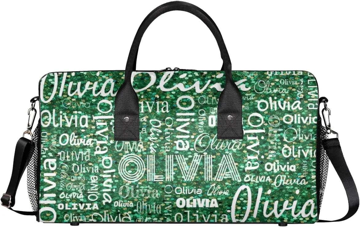 Personalized Travel Duffel Bag for Women Men, Custom Gym Duffel Bags with Name Cheer Sports Overnight Weekender Bags, Grass Green Glitter Birthday Gift (No Glitter)