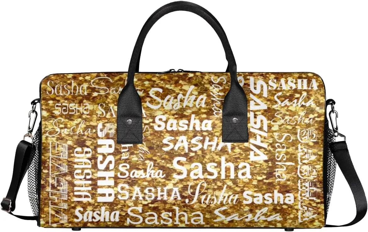 Personalized Travel Duffel Bag for Women Men, Custom Name Gym Duffel Bags Sports Overnight Weekender Bags Personalized Gifts, Dark Gold Glitter (No Glitter)