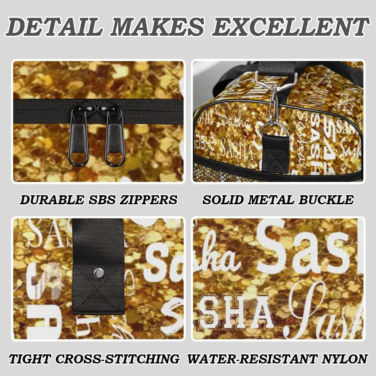 Personalized Travel Duffel Bag for Women Men, Custom Name Gym Duffel Bags Sports Overnight Weekender Bags Personalized Gifts, Dark Gold Glitter (No Glitter)