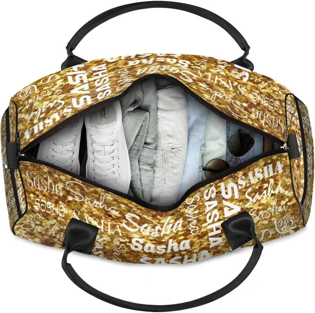 Personalized Travel Duffel Bag for Women Men, Custom Name Gym Duffel Bags Sports Overnight Weekender Bags Personalized Gifts, Dark Gold Glitter (No Glitter)