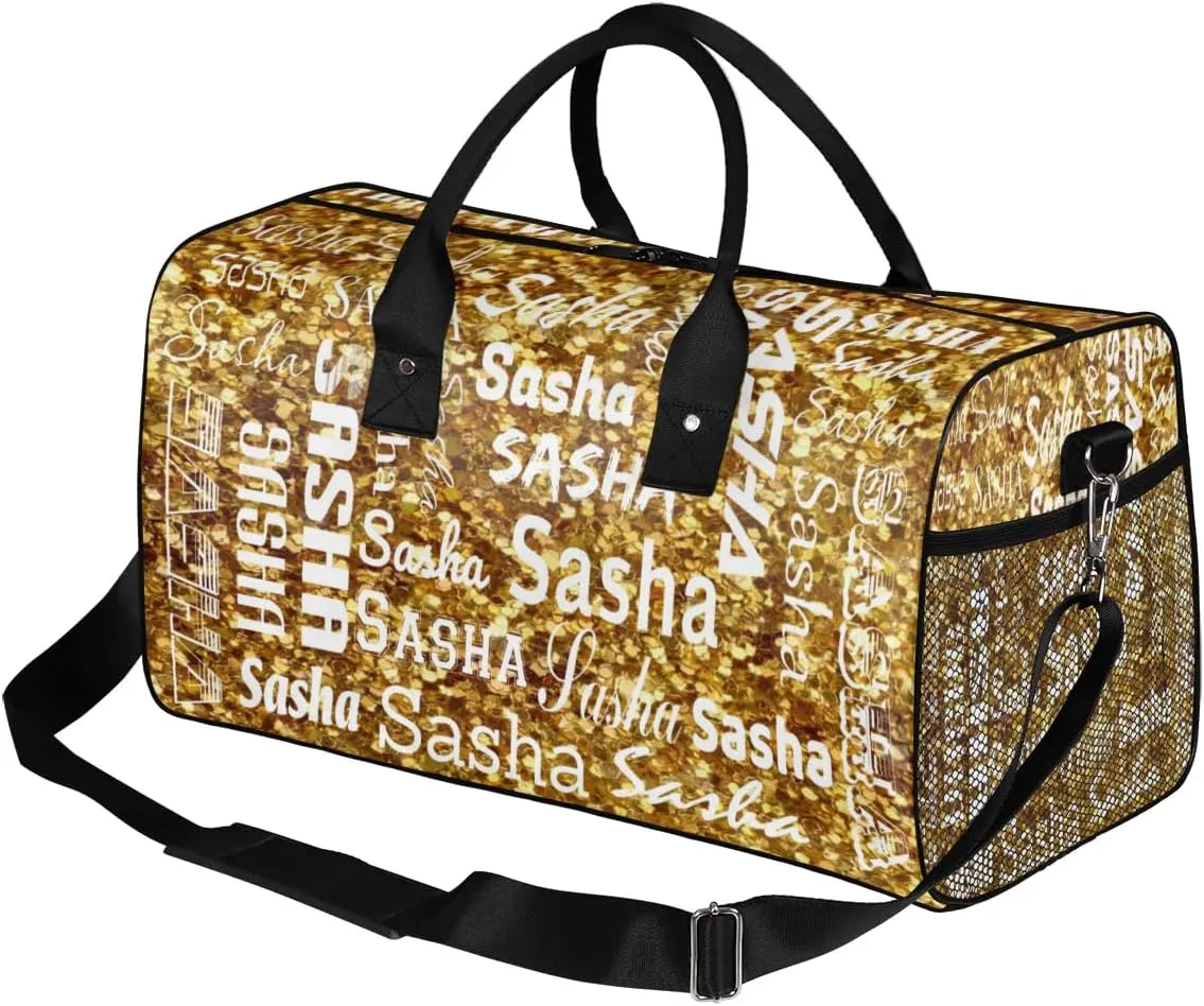 Personalized Travel Duffel Bag for Women Men, Custom Name Gym Duffel Bags Sports Overnight Weekender Bags Personalized Gifts, Dark Gold Glitter (No Glitter)
