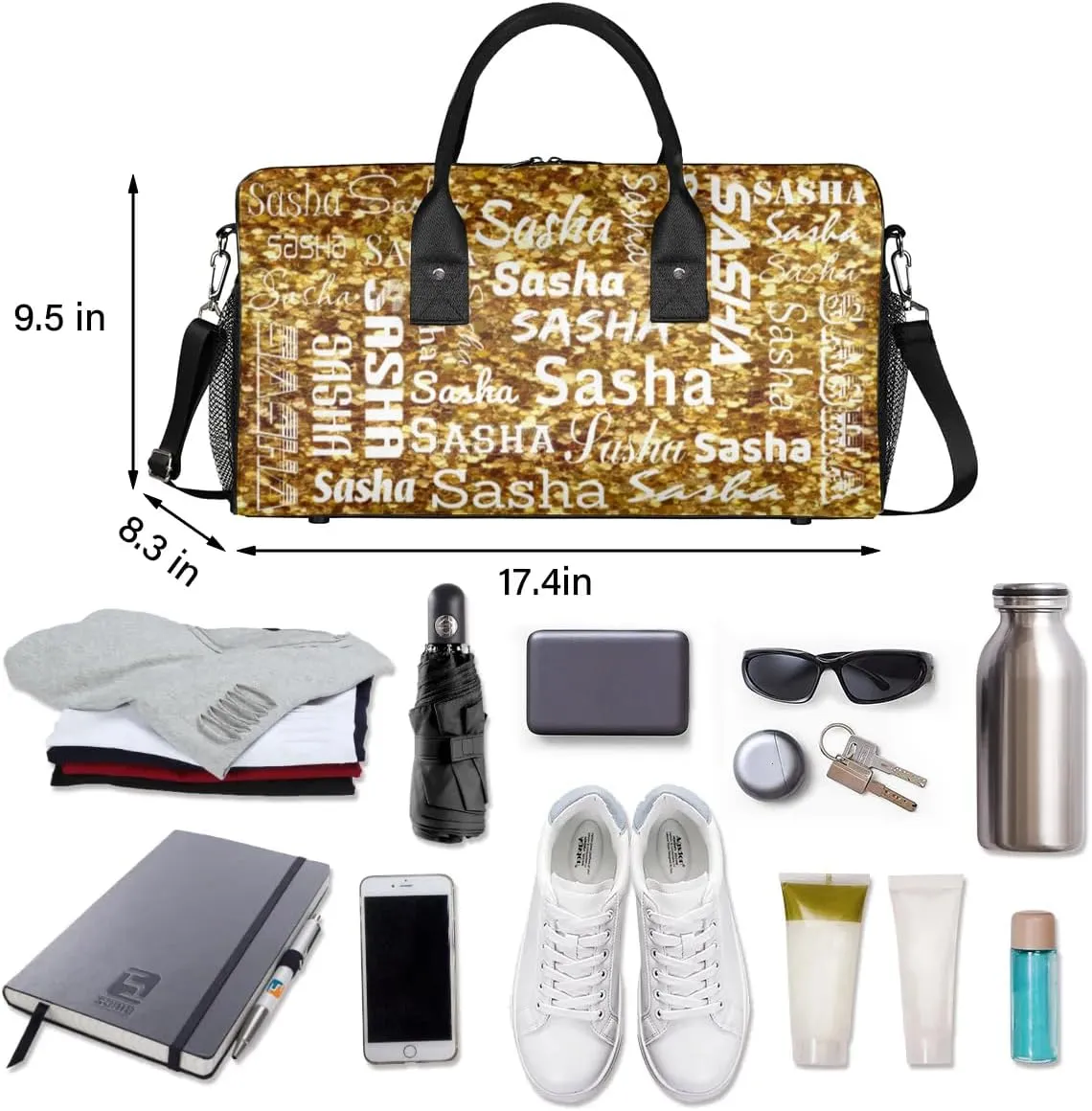 Personalized Travel Duffel Bag for Women Men, Custom Name Gym Duffel Bags Sports Overnight Weekender Bags Personalized Gifts, Dark Gold Glitter (No Glitter)