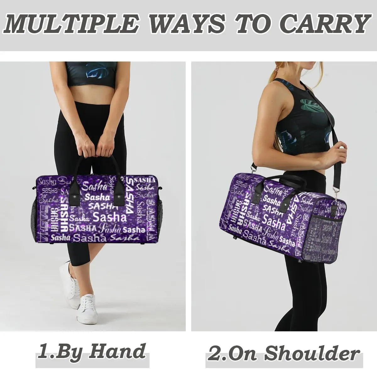Personalized Travel Duffel Bag for Women Men, Custom Name Gym Duffel Bags Sports Overnight Weekender Bags Personalized Gifts, Deep Purple Glitter (No Glitter)