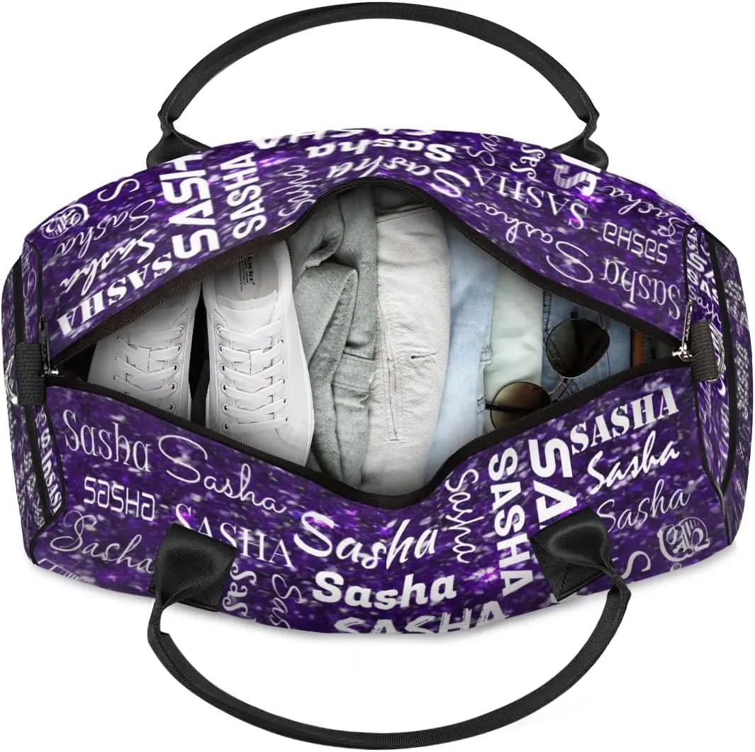 Personalized Travel Duffel Bag for Women Men, Custom Name Gym Duffel Bags Sports Overnight Weekender Bags Personalized Gifts, Deep Purple Glitter (No Glitter)