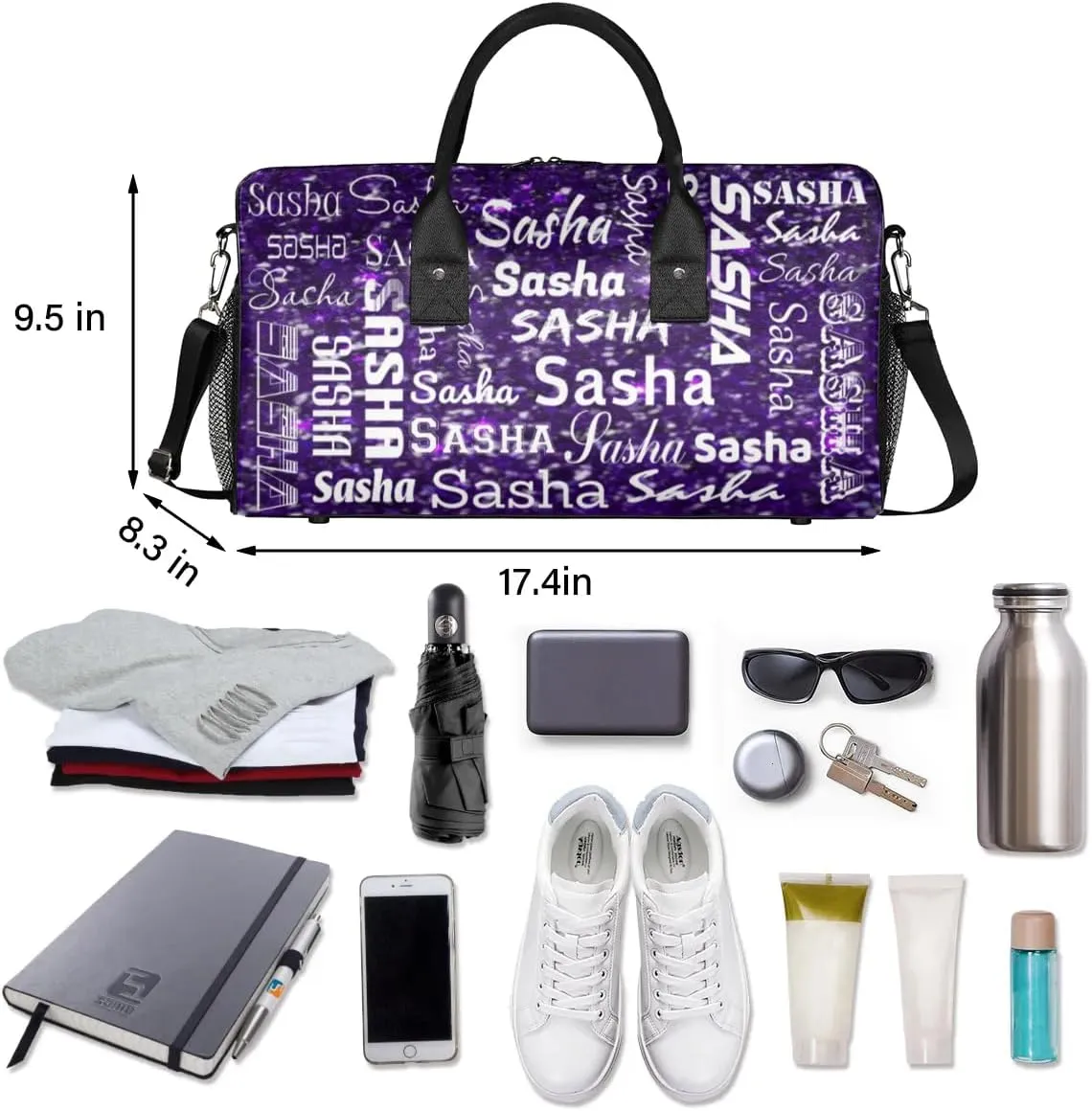 Personalized Travel Duffel Bag for Women Men, Custom Name Gym Duffel Bags Sports Overnight Weekender Bags Personalized Gifts, Deep Purple Glitter (No Glitter)