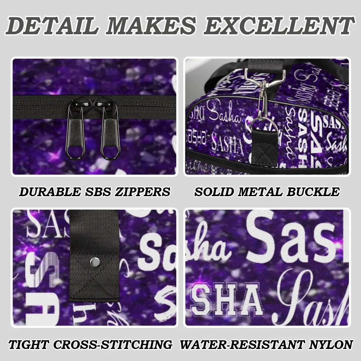 Personalized Travel Duffel Bag for Women Men, Custom Name Gym Duffel Bags Sports Overnight Weekender Bags Personalized Gifts, Deep Purple Glitter (No Glitter)