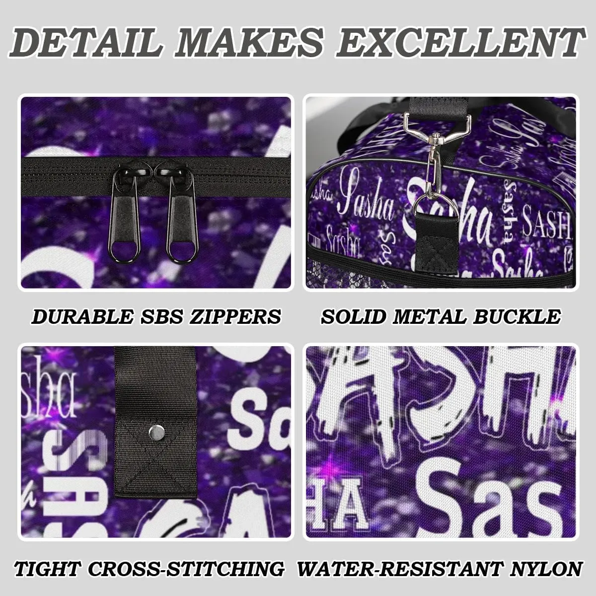 Personalized Travel Duffel Bags with Name, Custom Gymnastics Cheer Dance Gym Duffel Bag for Women Men Overnight Weekender Bag Birthday Gifts, Deep Purple Glitter (No Glitter)
