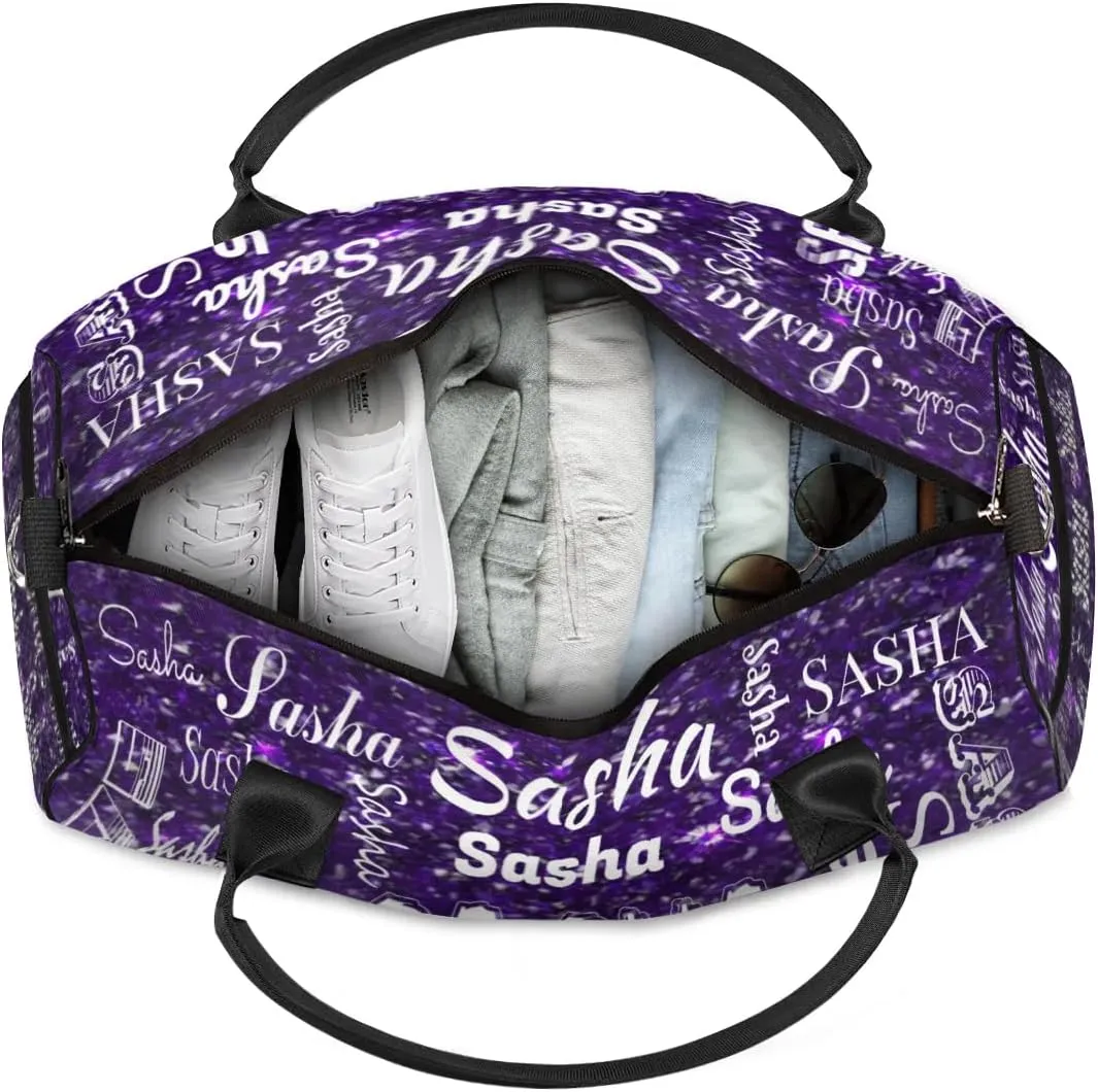 Personalized Travel Duffel Bags with Name, Custom Gymnastics Cheer Dance Gym Duffel Bag for Women Men Overnight Weekender Bag Birthday Gifts, Deep Purple Glitter (No Glitter)