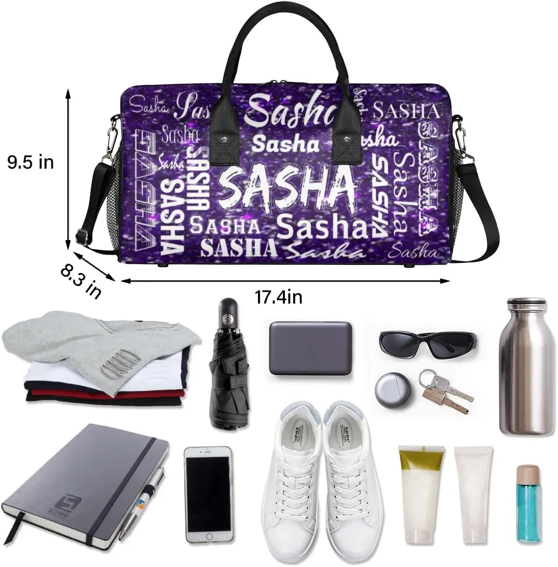 Personalized Travel Duffel Bags with Name, Custom Gymnastics Cheer Dance Gym Duffel Bag for Women Men Overnight Weekender Bag Birthday Gifts, Deep Purple Glitter (No Glitter)