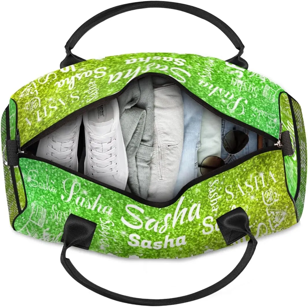 Personalized Travel Duffel Bags with Name, Custom Gymnastics Cheer Dance Gym Duffel Bag for Women Men Overnight Weekender Bag Birthday Gifts, Light Green Glitter (No Glitter)