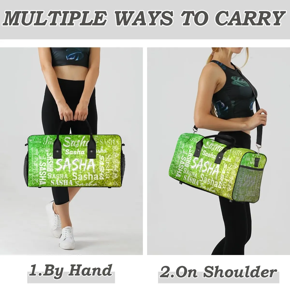 Personalized Travel Duffel Bags with Name, Custom Gymnastics Cheer Dance Gym Duffel Bag for Women Men Overnight Weekender Bag Birthday Gifts, Light Green Glitter (No Glitter)
