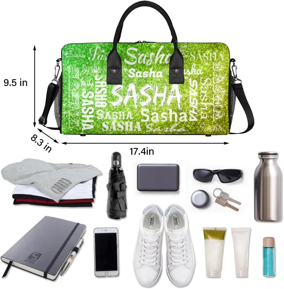 Personalized Travel Duffel Bags with Name, Custom Gymnastics Cheer Dance Gym Duffel Bag for Women Men Overnight Weekender Bag Birthday Gifts, Light Green Glitter (No Glitter)
