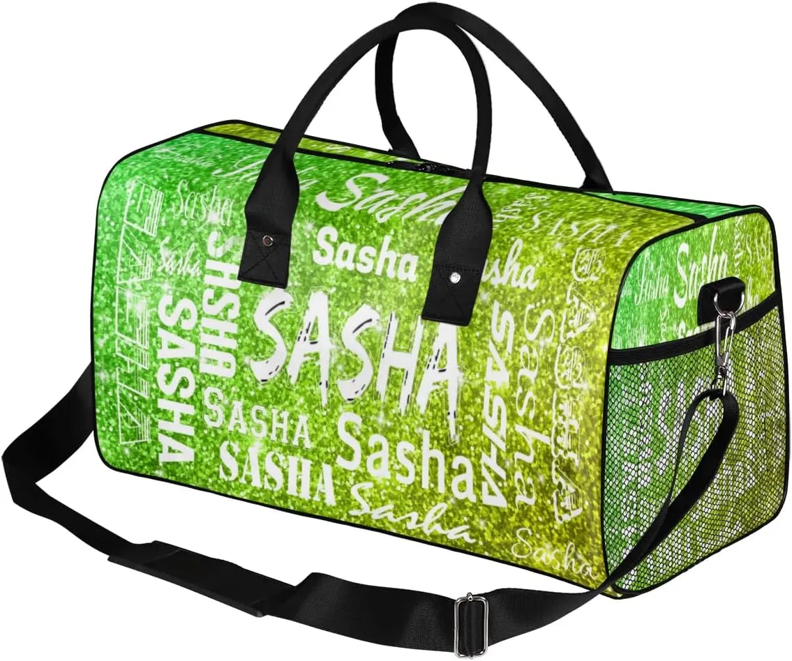 Personalized Travel Duffel Bags with Name, Custom Gymnastics Cheer Dance Gym Duffel Bag for Women Men Overnight Weekender Bag Birthday Gifts, Light Green Glitter (No Glitter)