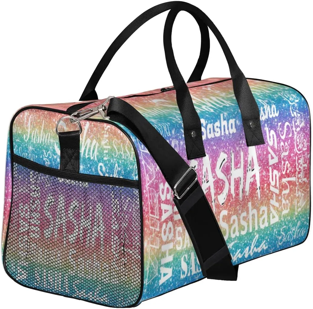 Personalized Travel Duffel Bags with Name, Custom Gymnastics Cheer Dance Gym Duffel Bag for Women Men Overnight Weekender Bag Birthday Gifts, Light Rainbow (No Glitter)