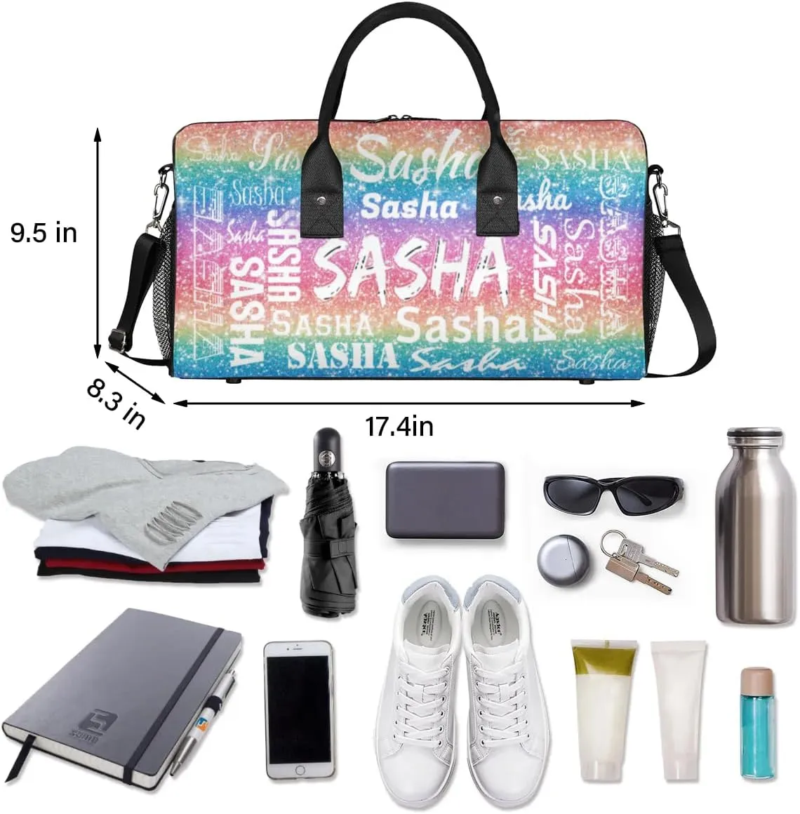 Personalized Travel Duffel Bags with Name, Custom Gymnastics Cheer Dance Gym Duffel Bag for Women Men Overnight Weekender Bag Birthday Gifts, Light Rainbow (No Glitter)