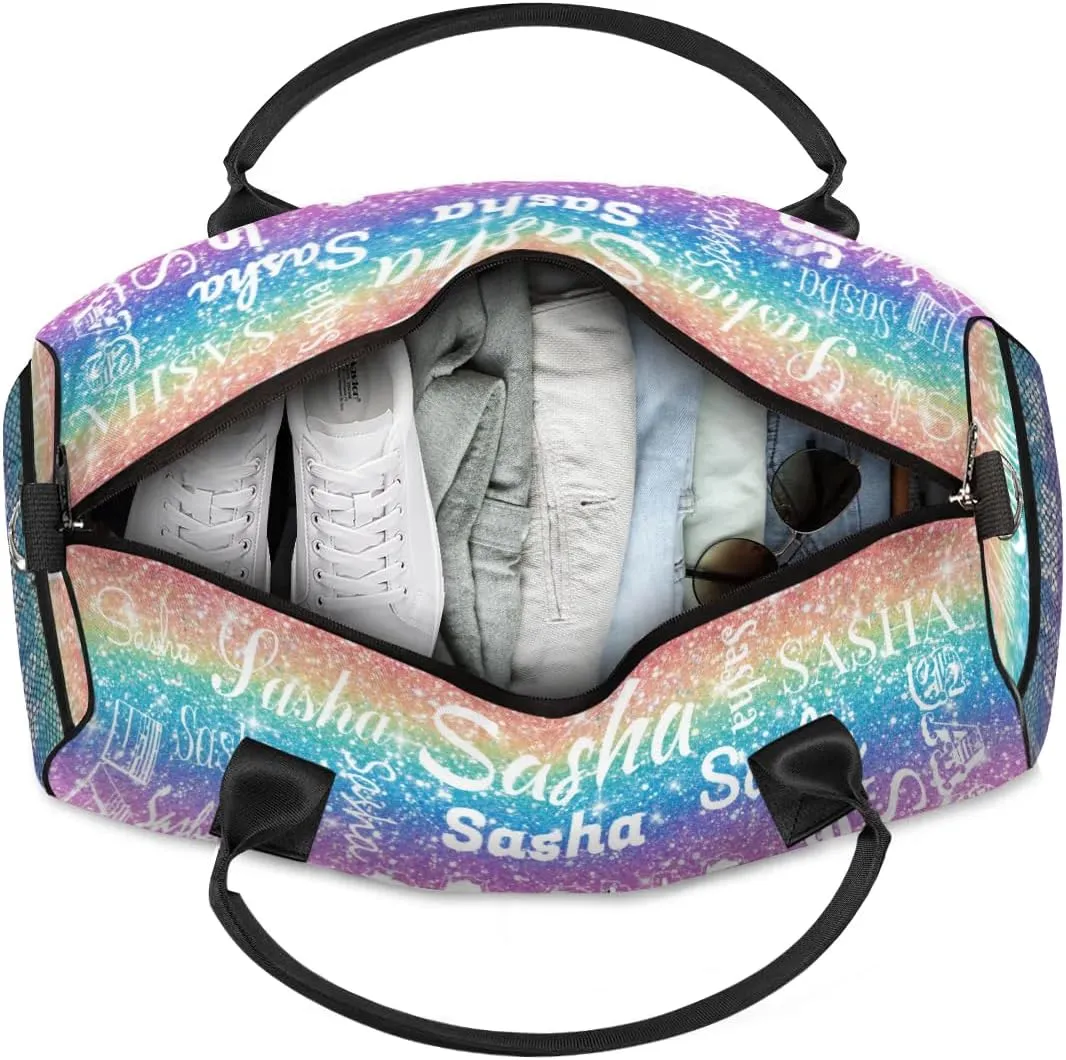 Personalized Travel Duffel Bags with Name, Custom Gymnastics Cheer Dance Gym Duffel Bag for Women Men Overnight Weekender Bag Birthday Gifts, Light Rainbow (No Glitter)