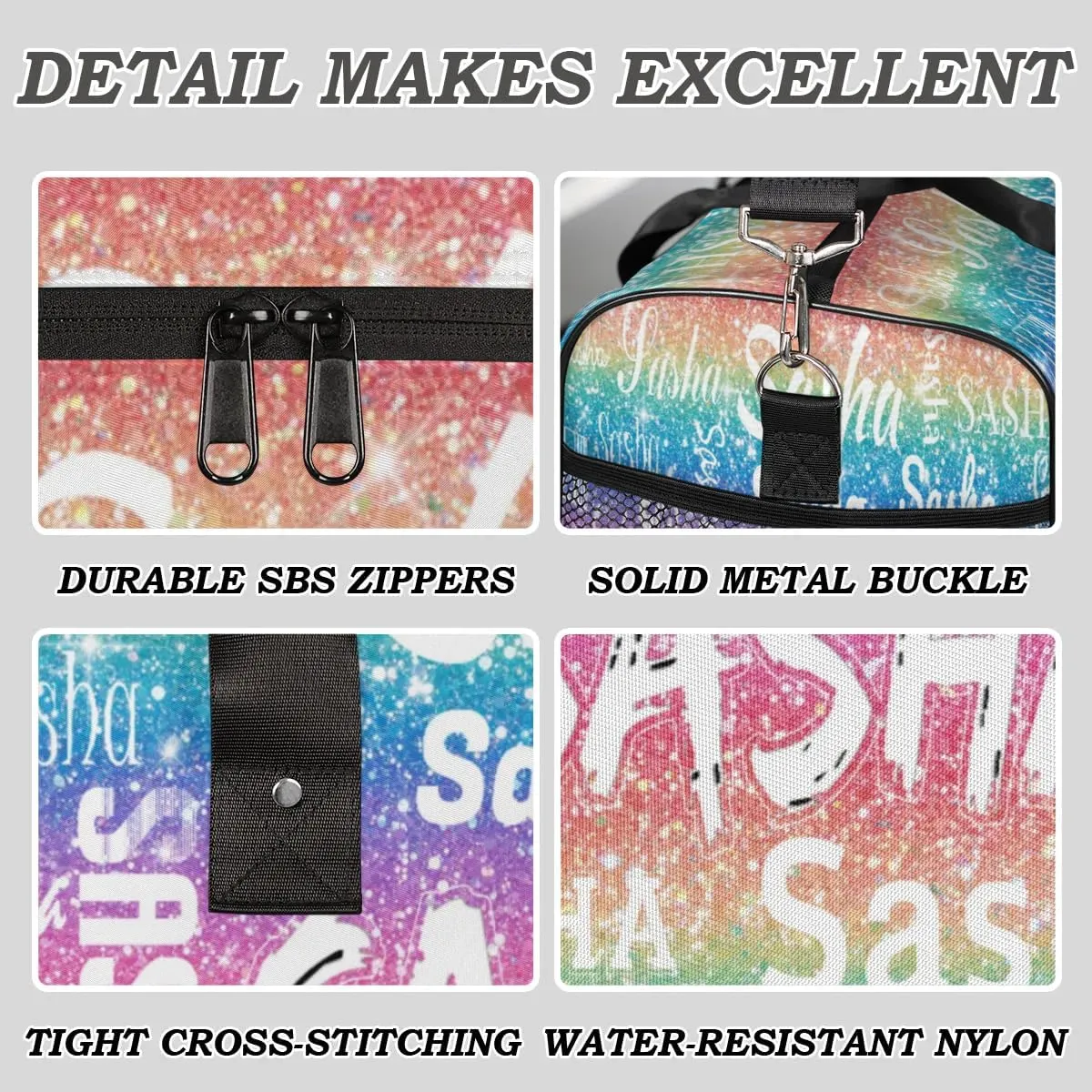 Personalized Travel Duffel Bags with Name, Custom Gymnastics Cheer Dance Gym Duffel Bag for Women Men Overnight Weekender Bag Birthday Gifts, Light Rainbow (No Glitter)