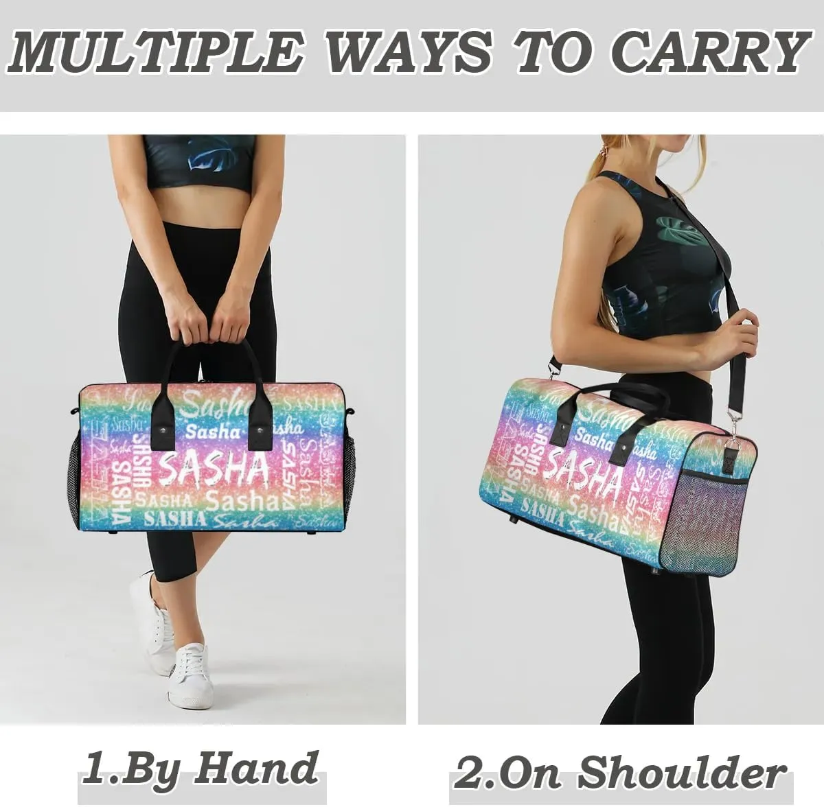 Personalized Travel Duffel Bags with Name, Custom Gymnastics Cheer Dance Gym Duffel Bag for Women Men Overnight Weekender Bag Birthday Gifts, Light Rainbow (No Glitter)