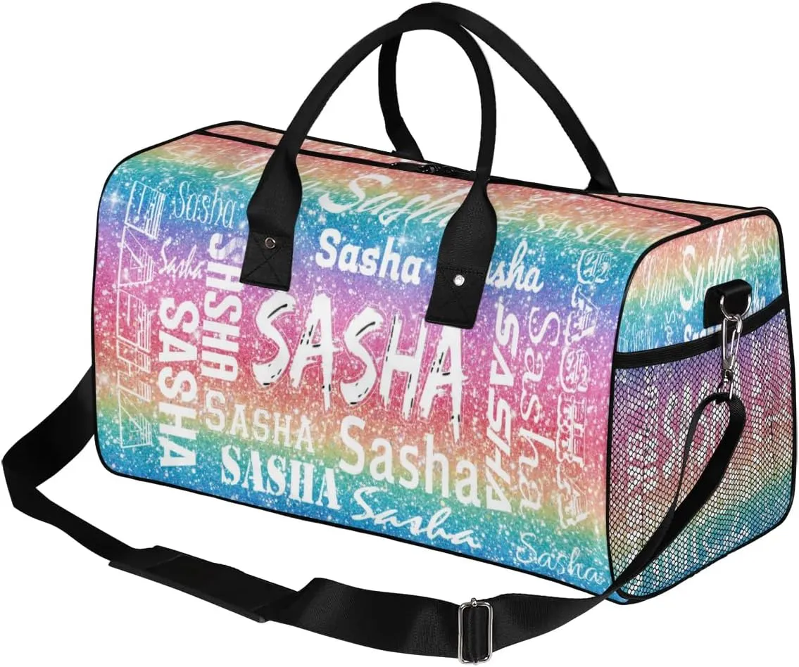 Personalized Travel Duffel Bags with Name, Custom Gymnastics Cheer Dance Gym Duffel Bag for Women Men Overnight Weekender Bag Birthday Gifts, Light Rainbow (No Glitter)