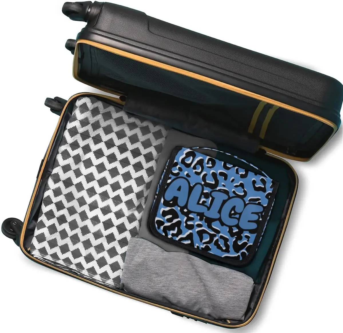 Personalized Travel Makeup Bag Cosmetic Bag for Woman Men,Custom Hanging Toiletry Makeup Bag with Handle Great DIY Gift for Boys and Girls Black Blue Leopard Print