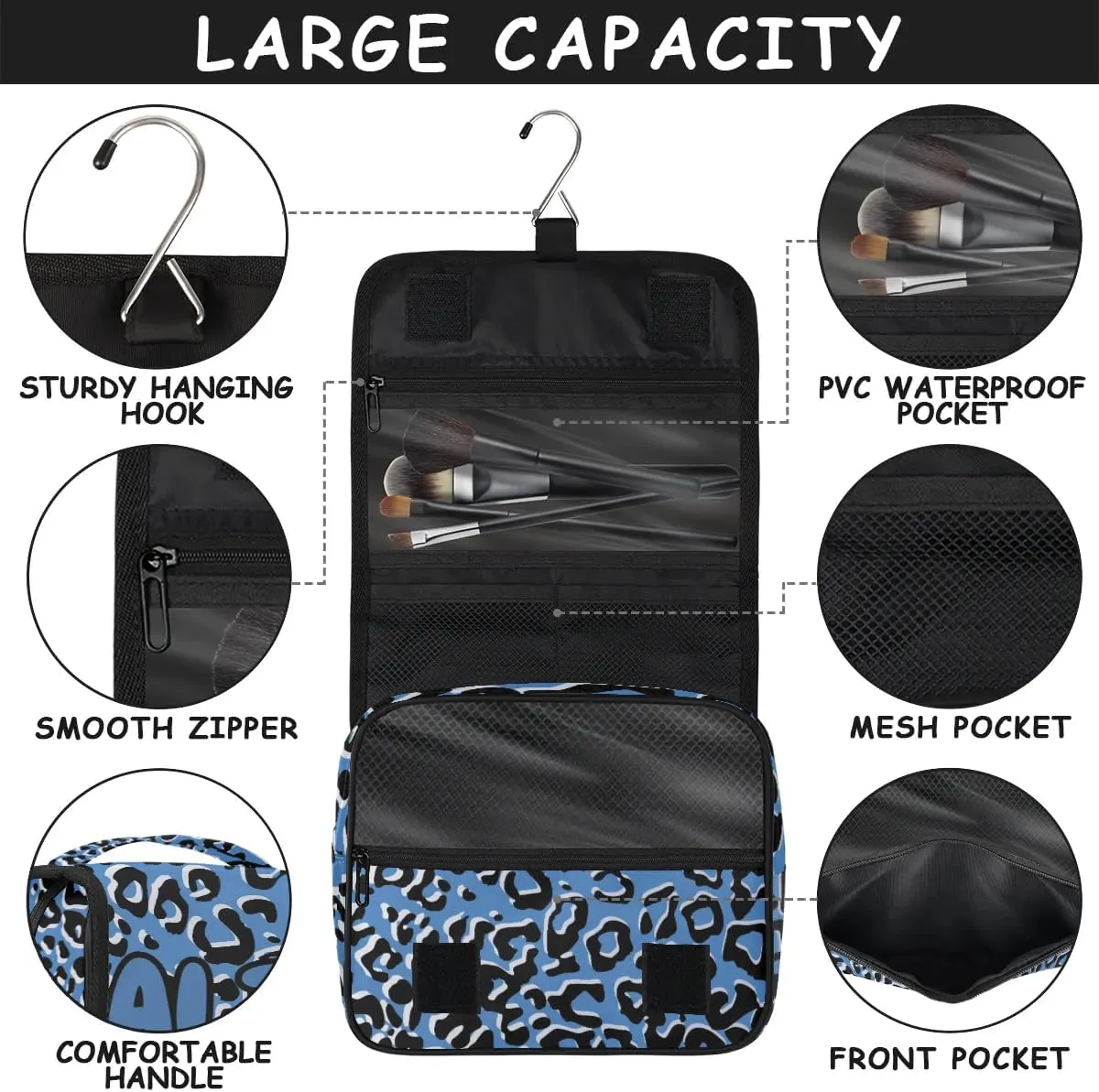 Personalized Travel Makeup Bag Cosmetic Bag for Woman Men,Custom Hanging Toiletry Makeup Bag with Handle Great DIY Gift for Boys and Girls Black Blue Leopard Print