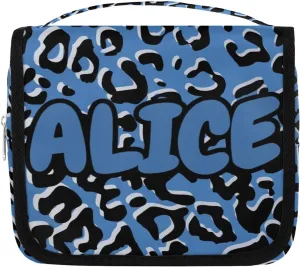Personalized Travel Makeup Bag Cosmetic Bag for Woman Men,Custom Hanging Toiletry Makeup Bag with Handle Great DIY Gift for Boys and Girls Black Blue Leopard Print