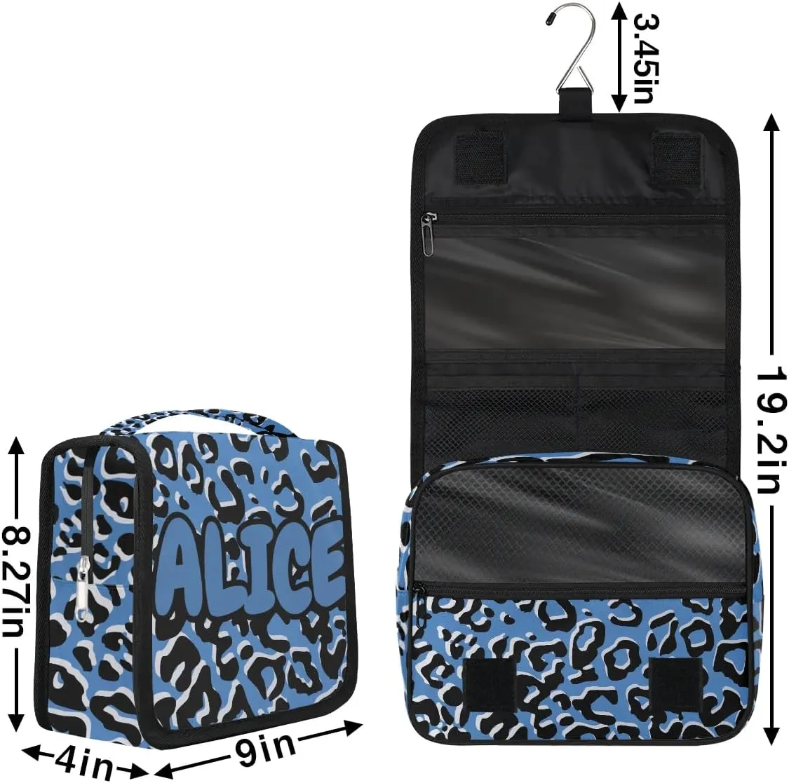 Personalized Travel Makeup Bag Cosmetic Bag for Woman Men,Custom Hanging Toiletry Makeup Bag with Handle Great DIY Gift for Boys and Girls Black Blue Leopard Print