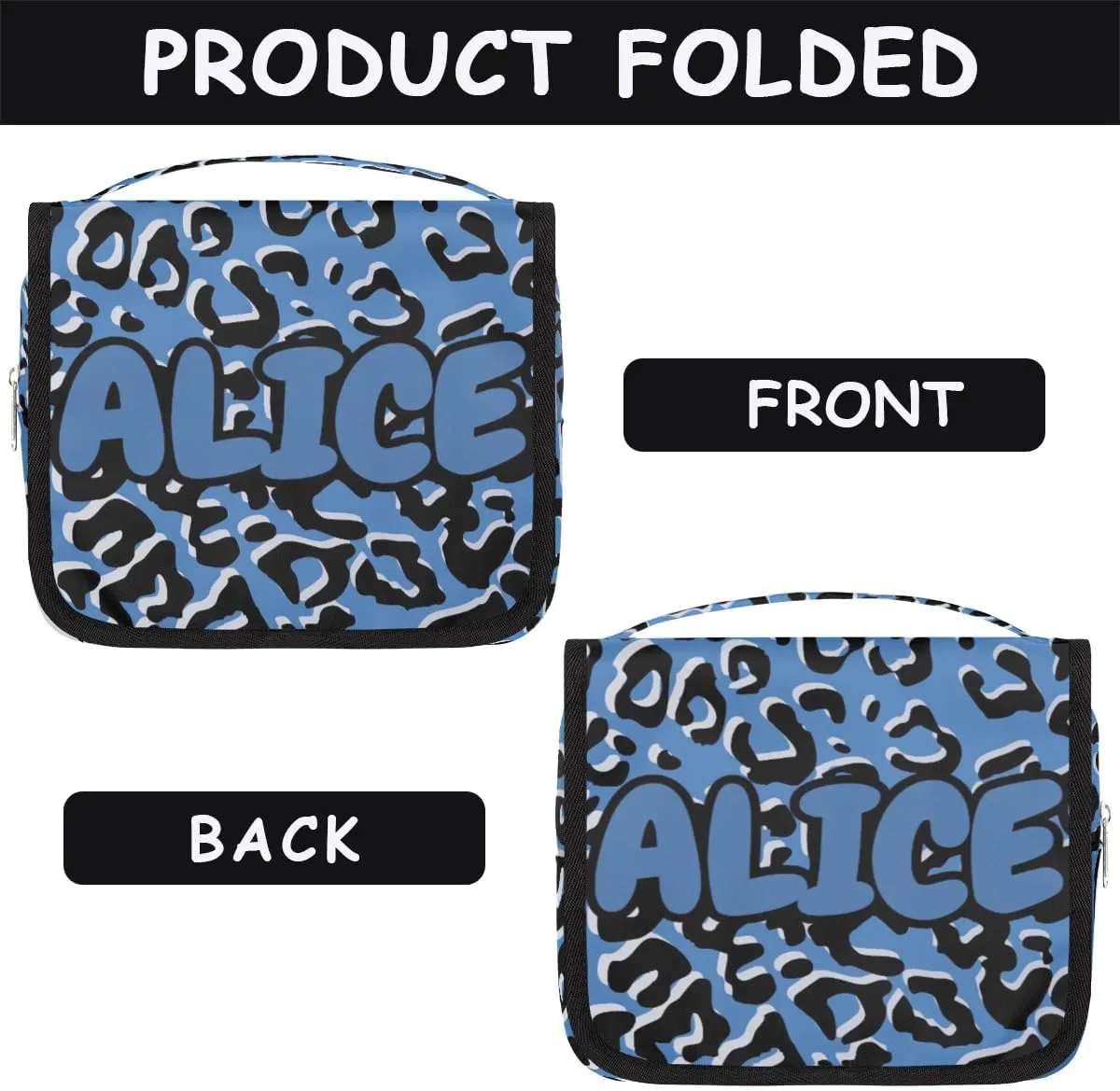 Personalized Travel Makeup Bag Cosmetic Bag for Woman Men,Custom Hanging Toiletry Makeup Bag with Handle Great DIY Gift for Boys and Girls Black Blue Leopard Print