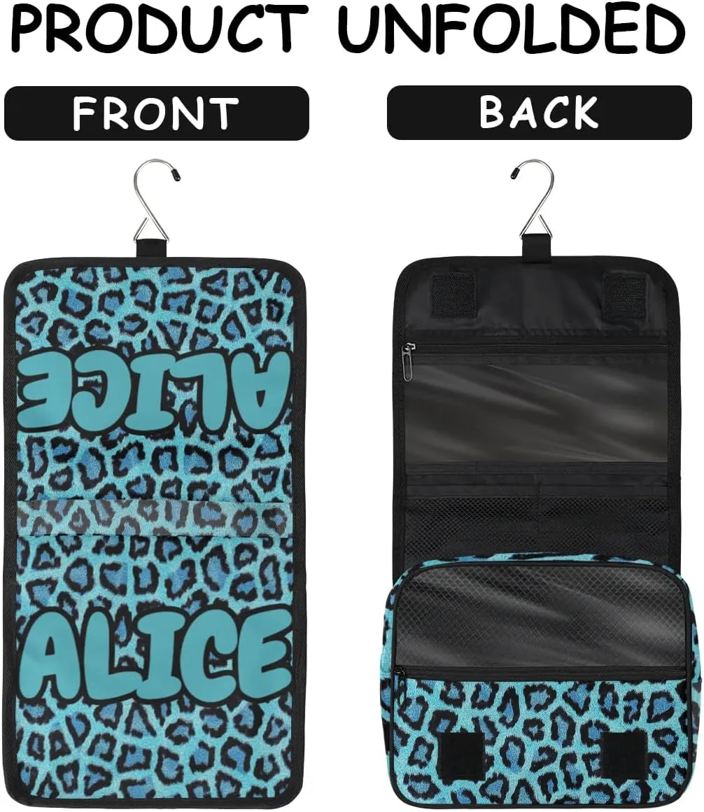 Personalized Travel Makeup Bag Cosmetic Bag for Woman Men,Custom Hanging Toiletry Makeup Bag with Handle Great DIY Gift for Boys and Girls Blue Leopard Print