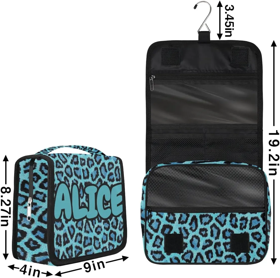 Personalized Travel Makeup Bag Cosmetic Bag for Woman Men,Custom Hanging Toiletry Makeup Bag with Handle Great DIY Gift for Boys and Girls Blue Leopard Print