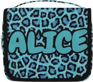 Personalized Travel Makeup Bag Cosmetic Bag for Woman Men,Custom Hanging Toiletry Makeup Bag with Handle Great DIY Gift for Boys and Girls Blue Leopard Print
