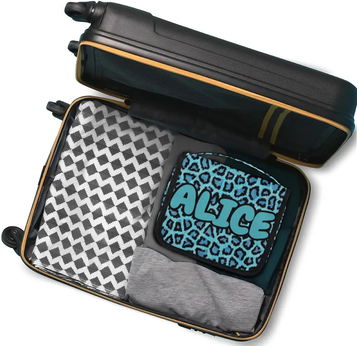 Personalized Travel Makeup Bag Cosmetic Bag for Woman Men,Custom Hanging Toiletry Makeup Bag with Handle Great DIY Gift for Boys and Girls Blue Leopard Print