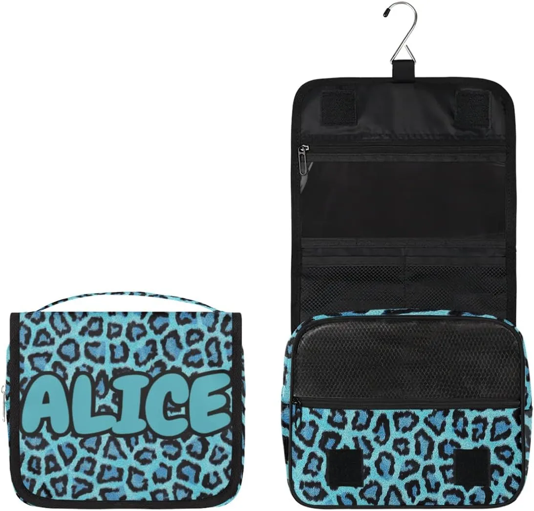 Personalized Travel Makeup Bag Cosmetic Bag for Woman Men,Custom Hanging Toiletry Makeup Bag with Handle Great DIY Gift for Boys and Girls Blue Leopard Print