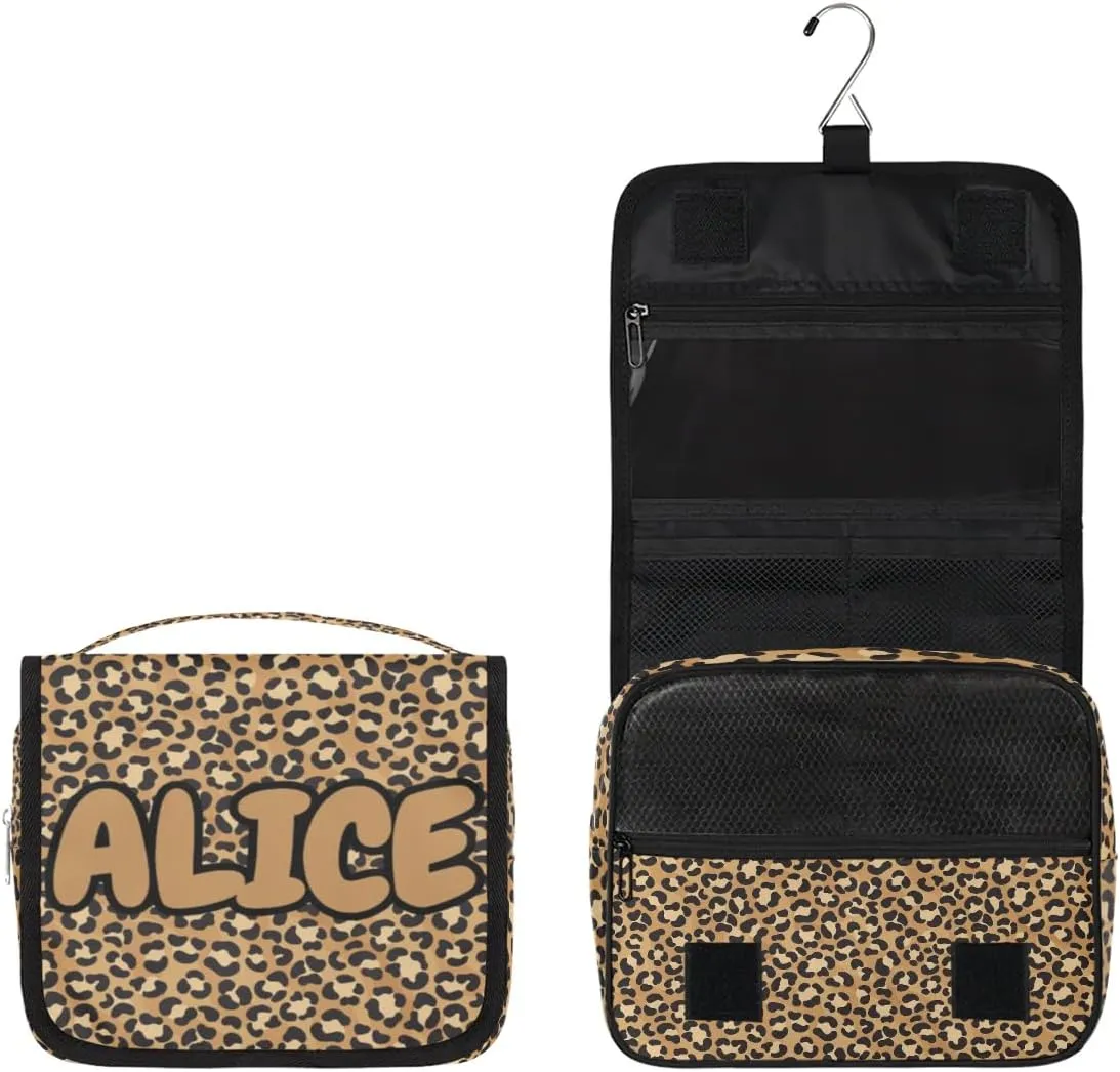 Personalized Travel Makeup Bag Cosmetic Bag for Woman Men,Custom Hanging Toiletry Makeup Bag with Handle Great DIY Gift for Boys and Girls Brown Leopard Print