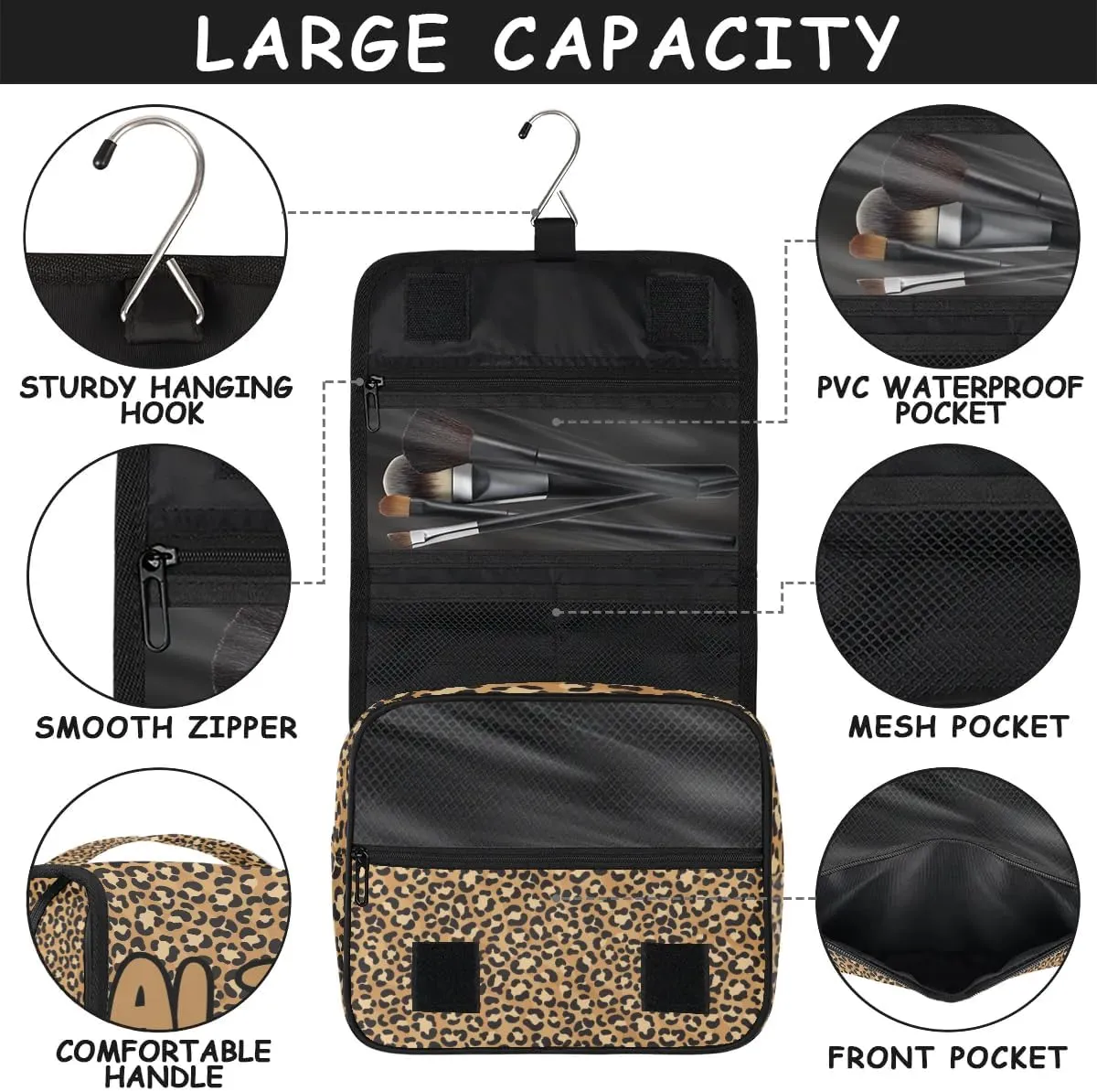 Personalized Travel Makeup Bag Cosmetic Bag for Woman Men,Custom Hanging Toiletry Makeup Bag with Handle Great DIY Gift for Boys and Girls Brown Leopard Print
