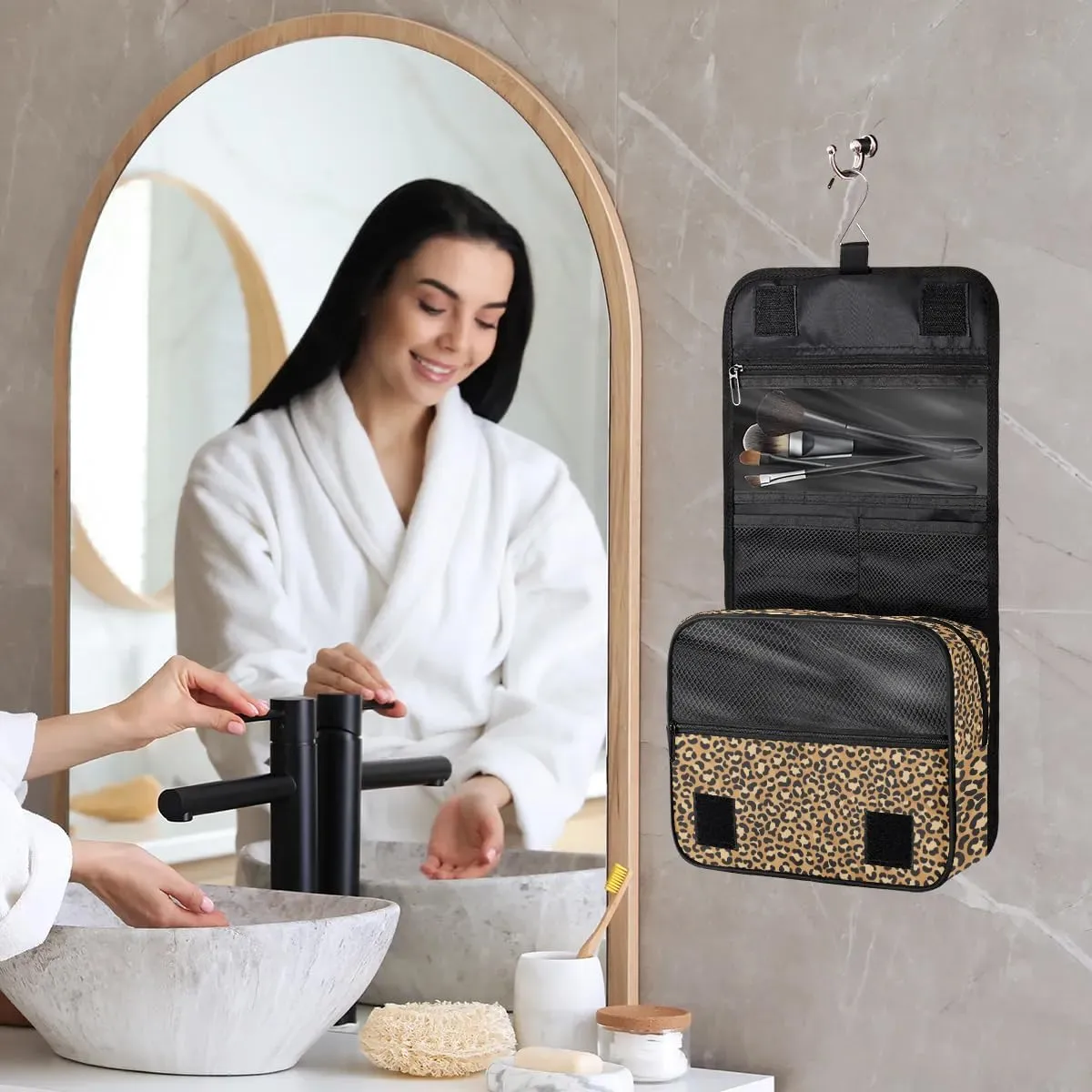 Personalized Travel Makeup Bag Cosmetic Bag for Woman Men,Custom Hanging Toiletry Makeup Bag with Handle Great DIY Gift for Boys and Girls Brown Leopard Print