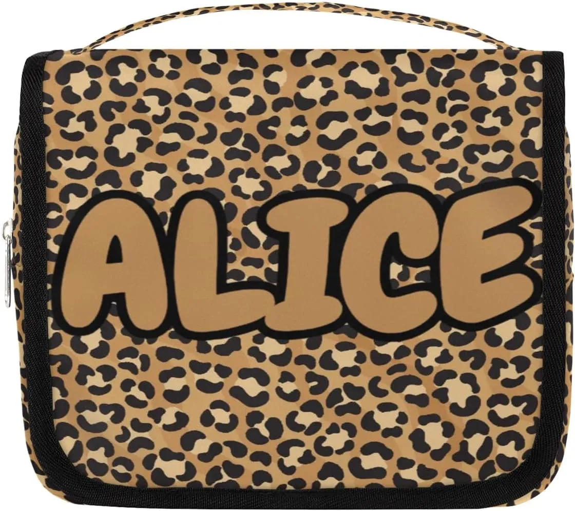 Personalized Travel Makeup Bag Cosmetic Bag for Woman Men,Custom Hanging Toiletry Makeup Bag with Handle Great DIY Gift for Boys and Girls Brown Leopard Print