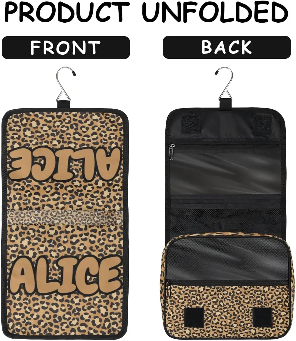 Personalized Travel Makeup Bag Cosmetic Bag for Woman Men,Custom Hanging Toiletry Makeup Bag with Handle Great DIY Gift for Boys and Girls Brown Leopard Print