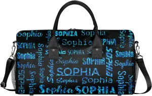 Personalized Travel Sports Bag for Women, Black Custom Gym Duffel Bags Birthday Gift with Blue Glitter Name Cheer Dance Overnight Weekender Bag