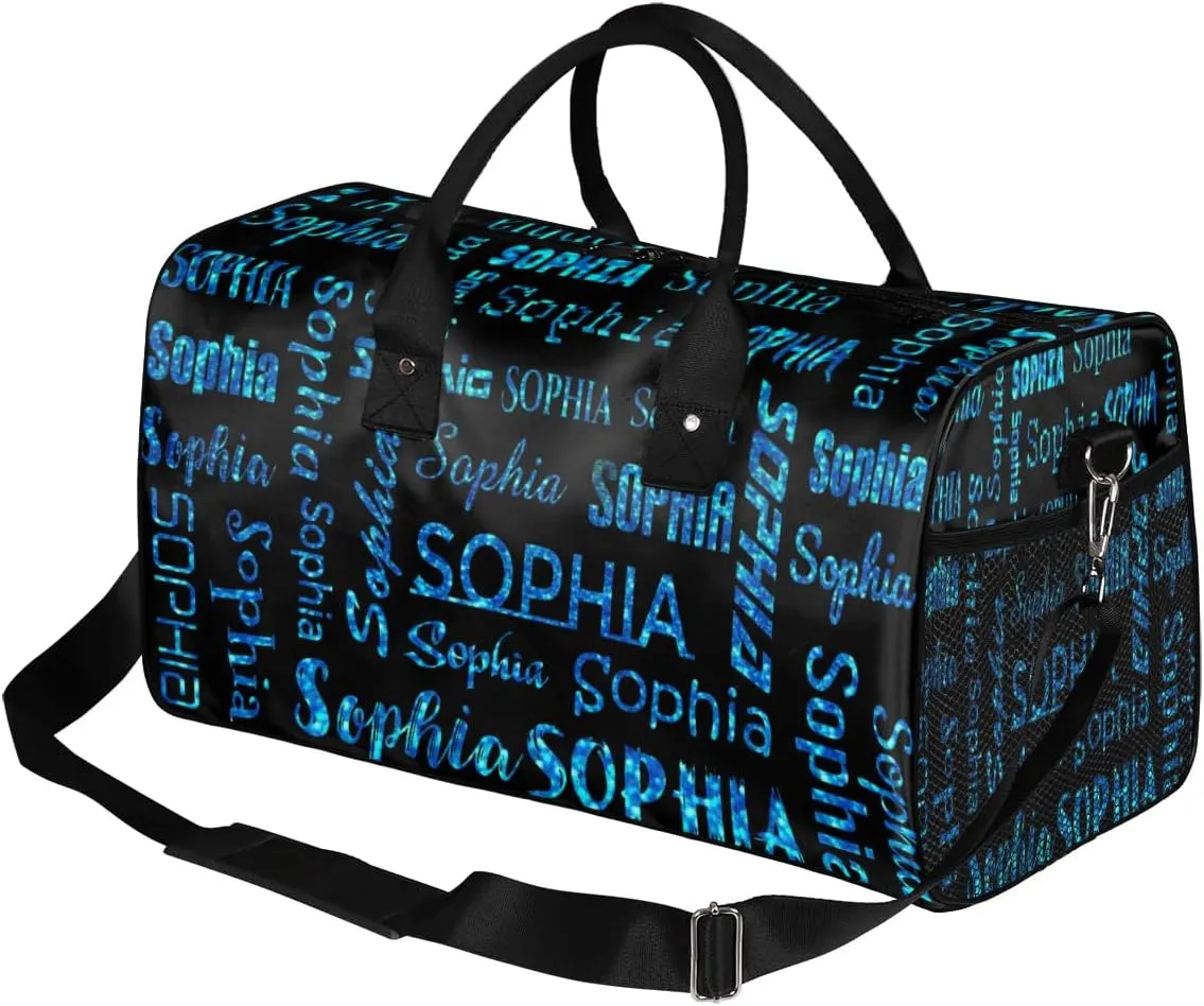 Personalized Travel Sports Bag for Women, Black Custom Gym Duffel Bags Birthday Gift with Blue Glitter Name Cheer Dance Overnight Weekender Bag