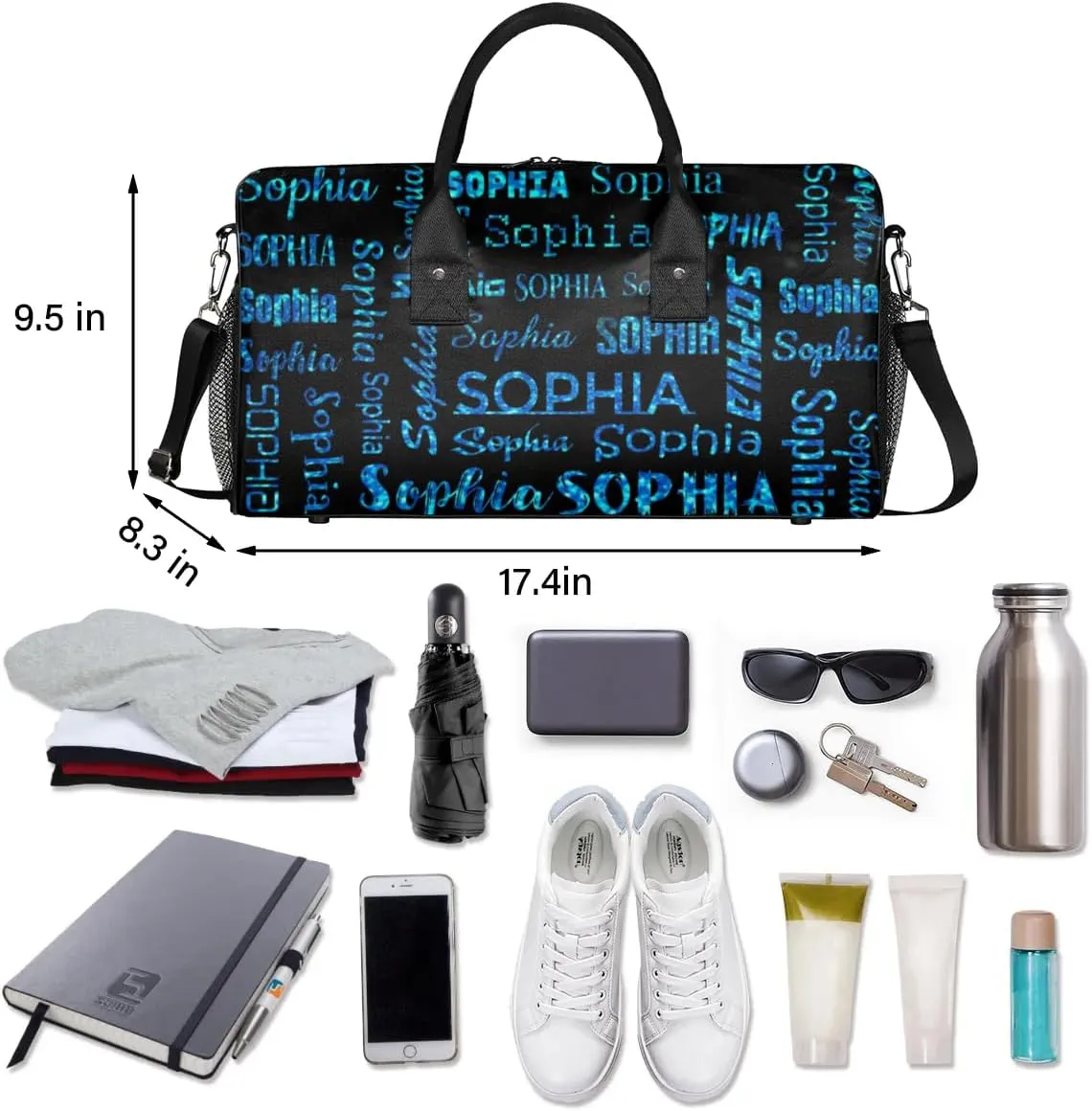 Personalized Travel Sports Bag for Women, Black Custom Gym Duffel Bags Birthday Gift with Blue Glitter Name Cheer Dance Overnight Weekender Bag