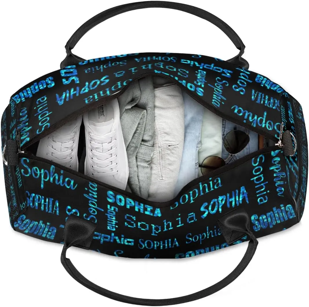 Personalized Travel Sports Bag for Women, Black Custom Gym Duffel Bags Birthday Gift with Blue Glitter Name Cheer Dance Overnight Weekender Bag