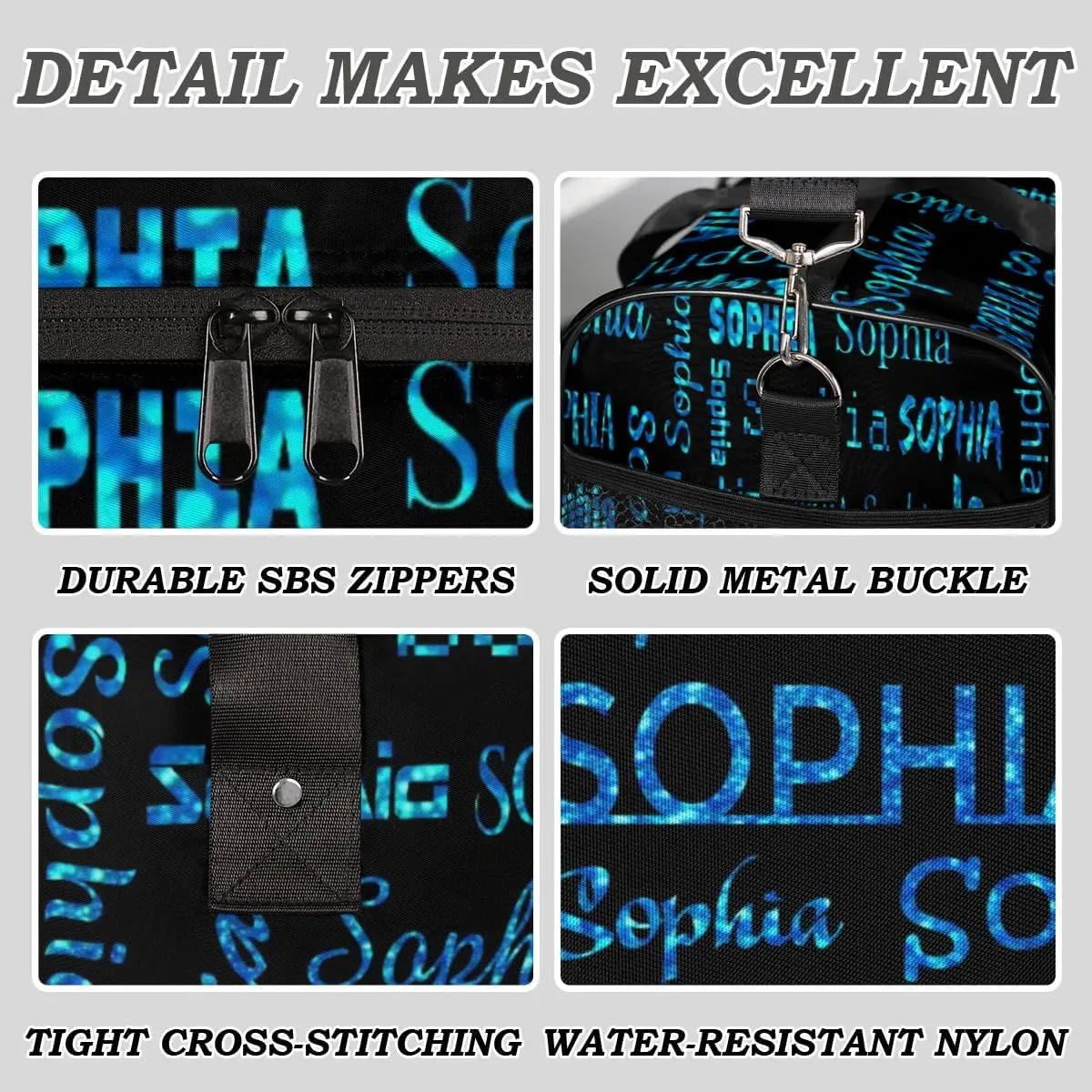 Personalized Travel Sports Bag for Women, Black Custom Gym Duffel Bags Birthday Gift with Blue Glitter Name Cheer Dance Overnight Weekender Bag