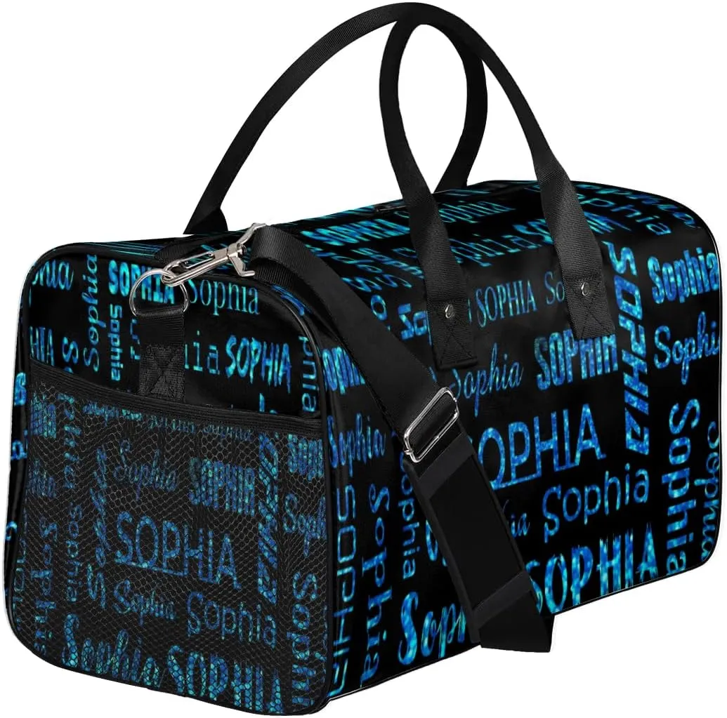 Personalized Travel Sports Bag for Women, Black Custom Gym Duffel Bags Birthday Gift with Blue Glitter Name Cheer Dance Overnight Weekender Bag