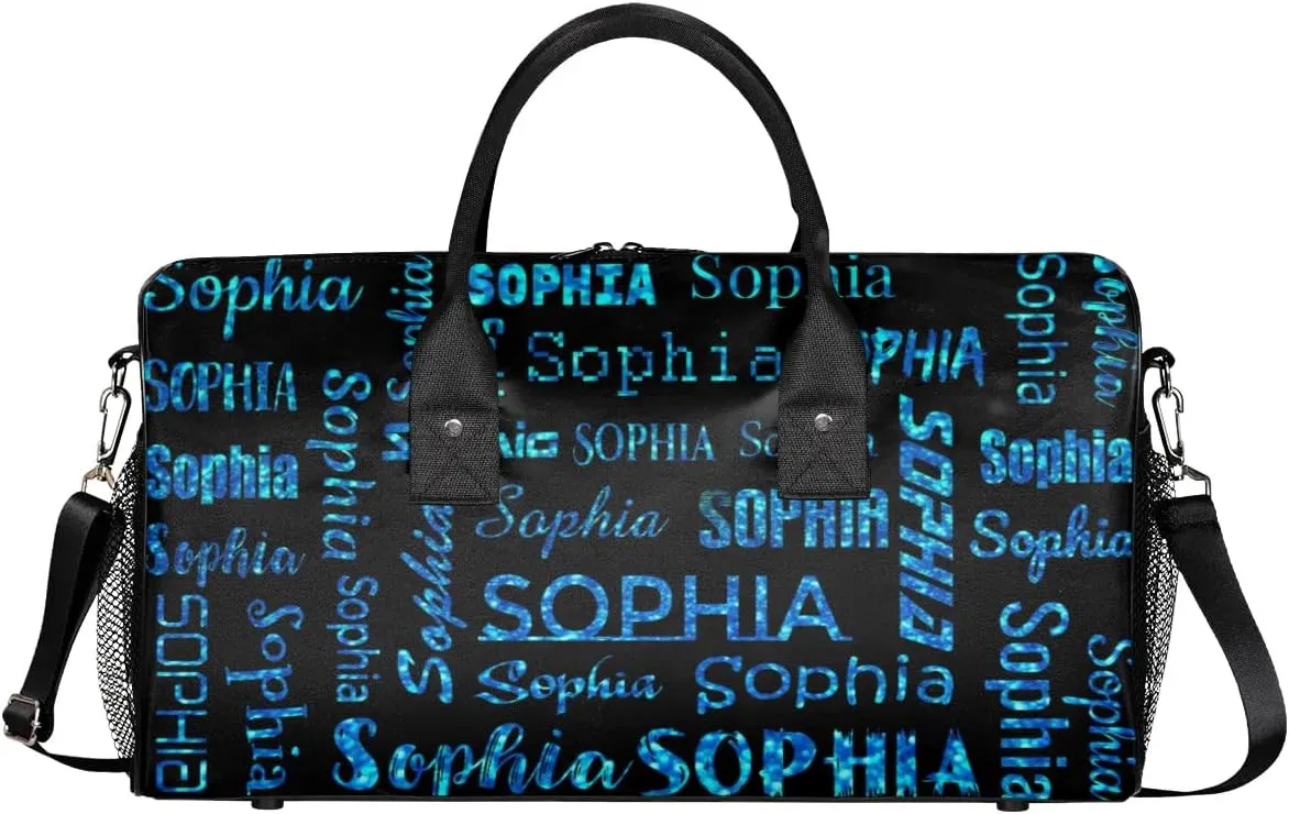 Personalized Travel Sports Bag for Women, Black Custom Gym Duffel Bags Birthday Gift with Blue Glitter Name Cheer Dance Overnight Weekender Bag