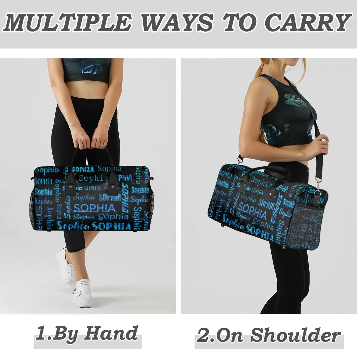 Personalized Travel Sports Bag for Women, Black Custom Gym Duffel Bags Birthday Gift with Blue Glitter Name Cheer Dance Overnight Weekender Bag